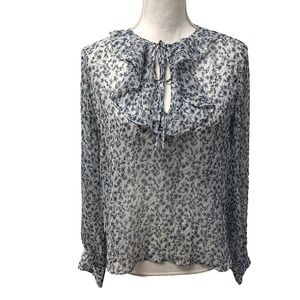 Five Seventy Five Chiffon Blouse Womens Small Blue Floral Ruffle Neck Sheer